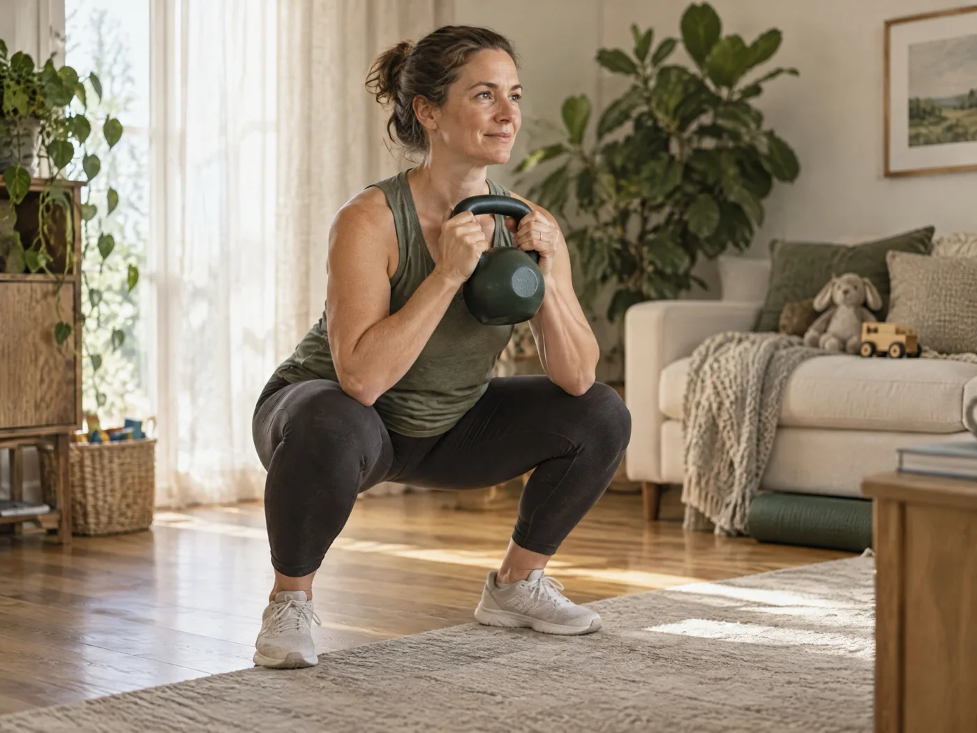 Eine Frau macht eine Kniebeuge mit Kettlebell im Wohnzimmer